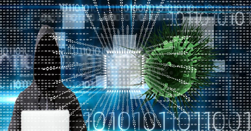 Composition of covid 19 cell virus over binary coding and hacker with laptop stock illustration