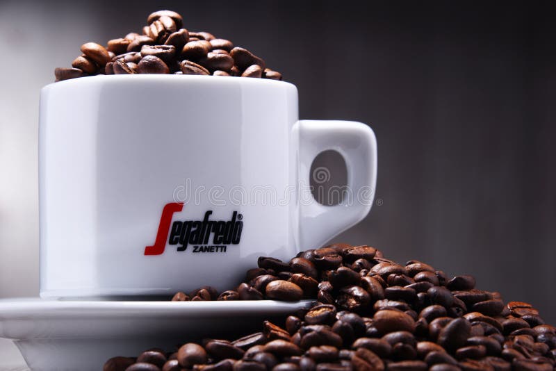 Composition with cup and beans of Segafredo Zanetti coffee