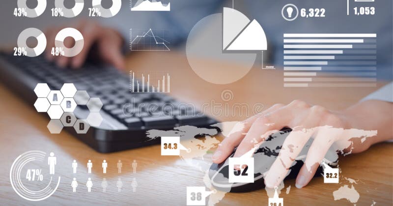 Composition of data processing and statistics recording over businesswoman using mouse computer royalty free stock photos
