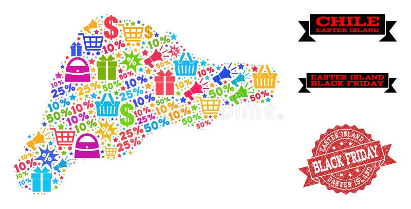 Composition de Black Friday de carte de mosaïque d'île de Pâques et de joint grunge illustration stock Composition de Black Friday de carte de mosaïque d'île de Pâques et de joint grunge illustration stock