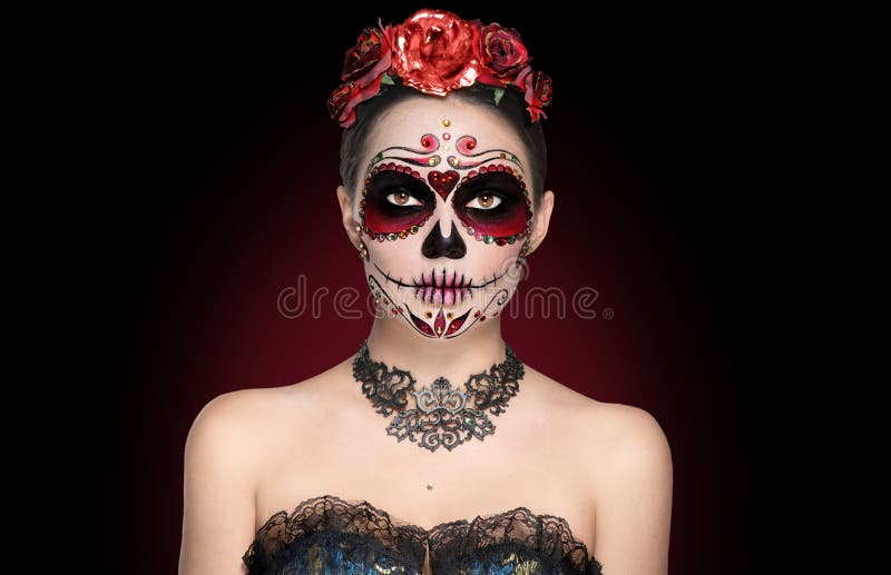 Maquillage De Crâne De Sucre. Fête D'Halloween, Carnaval Mexicain