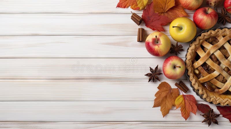 Composition de l'automne. pommes tarte et épices sur fond de bois. vue de haut avec espace de copie illustration stock