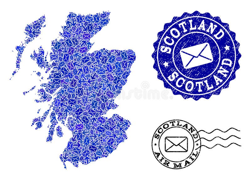 Composition de mouvement de courrier de carte de mosaïque de l'Ecosse et des timbres rayés illustration stock Composition de mouvement de courrier de carte de mosaïque de l'Ecosse et des timbres rayés illustration stock