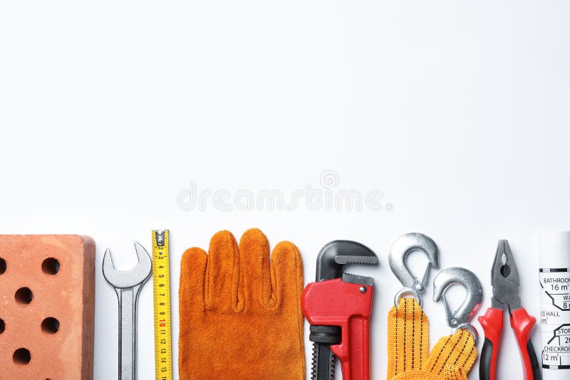 Composition with different construction tools on white background royalty free stock photos