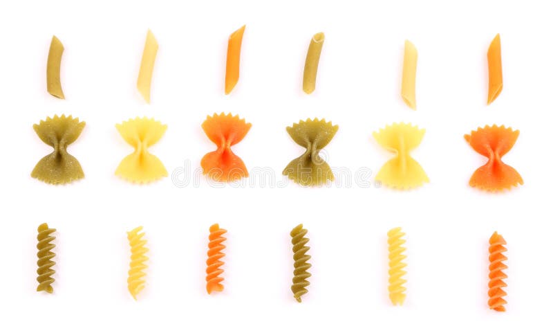 Composition of different pasta in three colors.