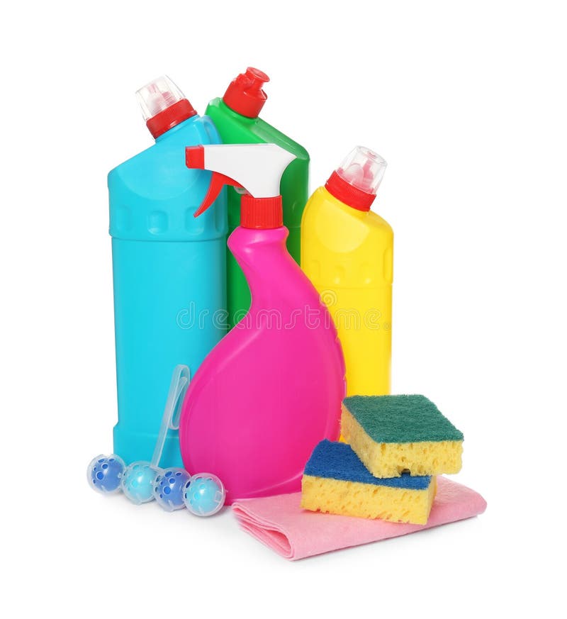 Composition with Different Toilet Cleaning Tools on White Background