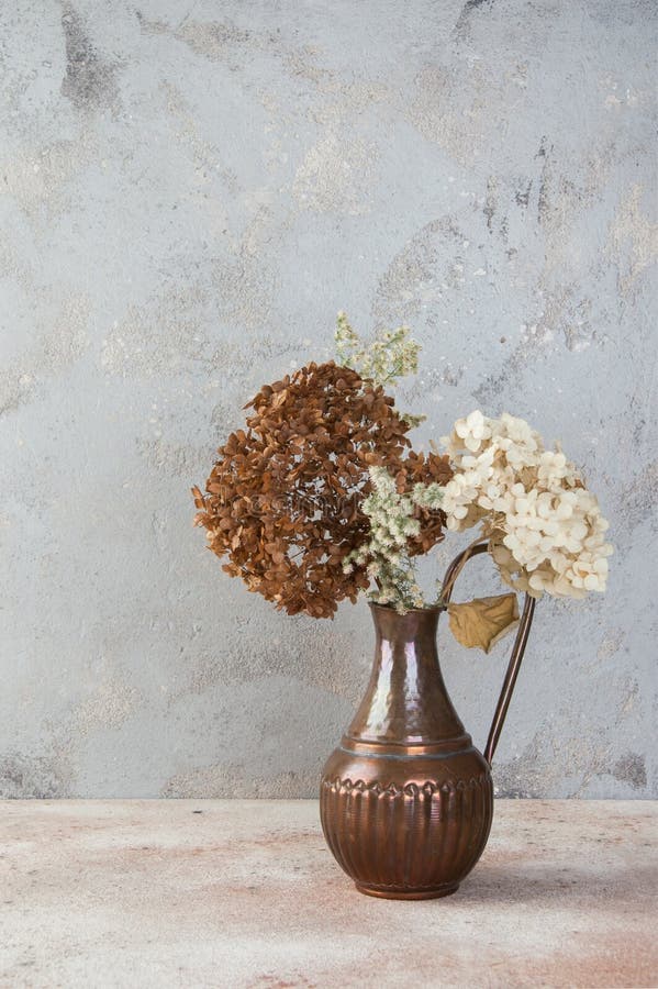 Composition of Dried Flowers in Vintage Copper Jug Stock Image Image