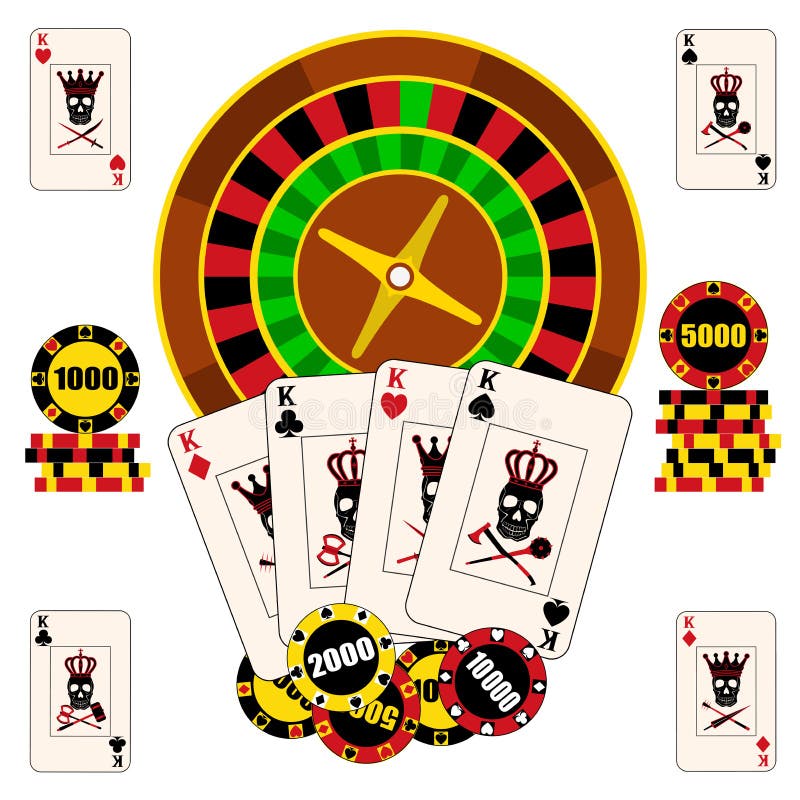 Composition en casino avec la roue de roulette, jouant des cartes et des puces illustration libre de droits Composition en casino avec la roue de roulette, jouant des cartes et des puces illustration libre de droits