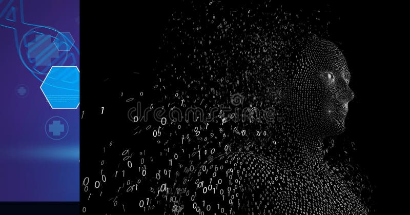 Composition of exploding human bust formed with binary coding and dna strand stock illustration