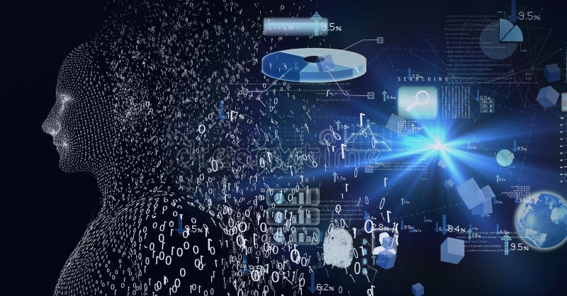 Composition of exploding human digital bust with binary coding processing and data processing royalty free illustration