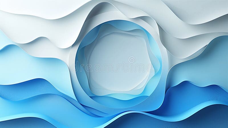 Layered Blue and White Paper Waves Creating Abstract Circular Design in Soft Light stock photography