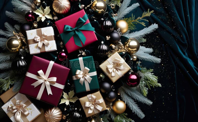 Composition of festive objects gift boxes. Generative AI royalty free illustration