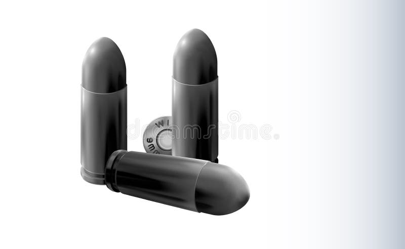 Composition from four 3d metal silver pistol cartridges in monochrome tones with bullet. realistic on light background, stock illustration Composition from four 3d metal silver pistol cartridges in monochrome tones with bullet. realistic on light background, stock illustration