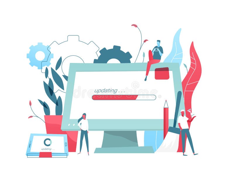 Composition with giant computer display and tablet PC with progress bar on screen and tiny people. System update or vector illustration