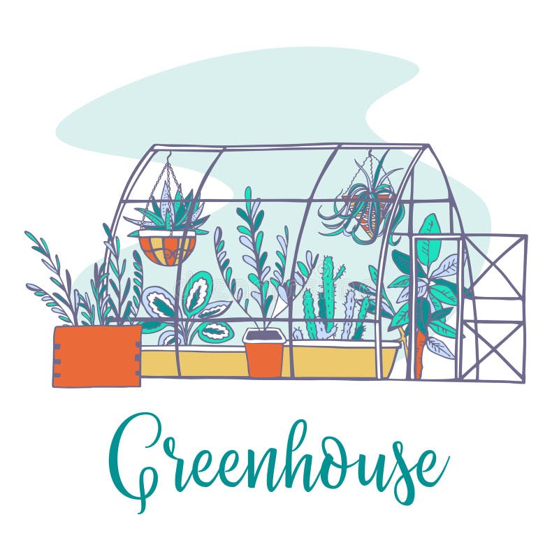 Composition with Greenhouse and Plants Inside. Hand Drawn Vector Sketch