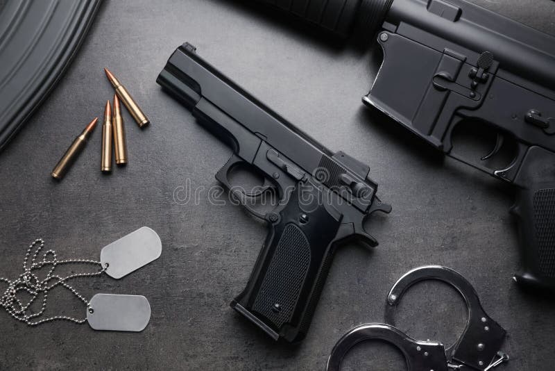 Composition with Gun and Bullets on Stone Table, Flat Lay Stock Photo Image of metal