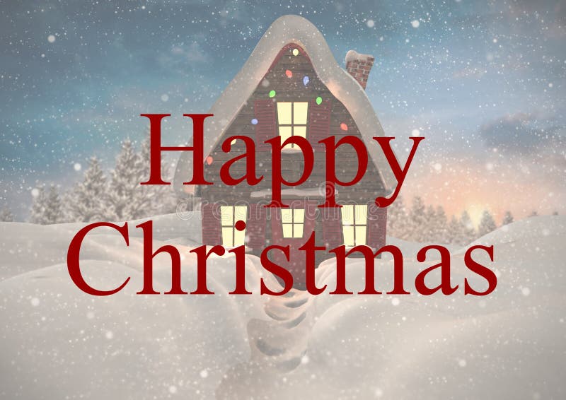 Composition of happy christmas text over house with christmas decorations with snow falling