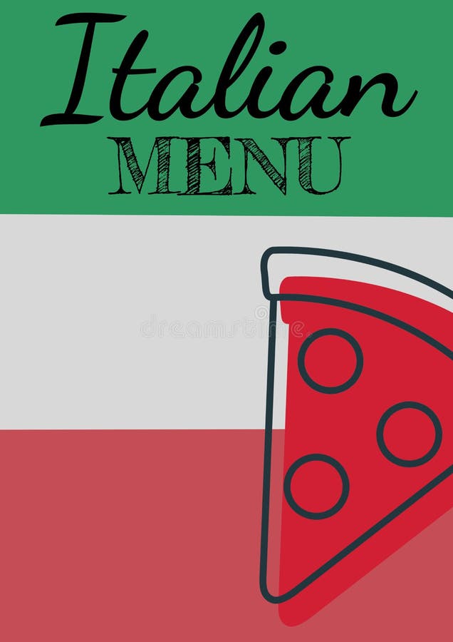 Composition of italian menu text and pizza icon on colourful background. food menu and template concept digitally generated image.