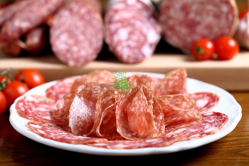 Italian Salami on White Plate Stock Image Image of starter, sausages