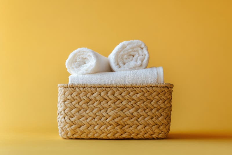 Composition minimaliste beige avec serviettes roulées dans un panier tissé sur fond lumineux photographie stock libre de droits