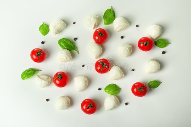 Composition with Mozzarella Cheese Balls, Cherry Tomatoes and Basil on