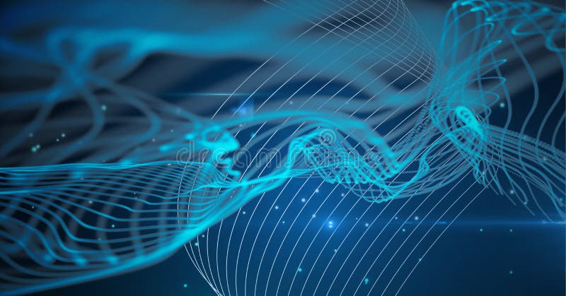 Composition of network of connections with blue glowing mesh over stars on blue background stock illustration