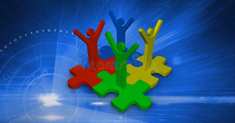 Composition of network of people icons over jigsaw puzzle and binary coding light trails royalty free illustration