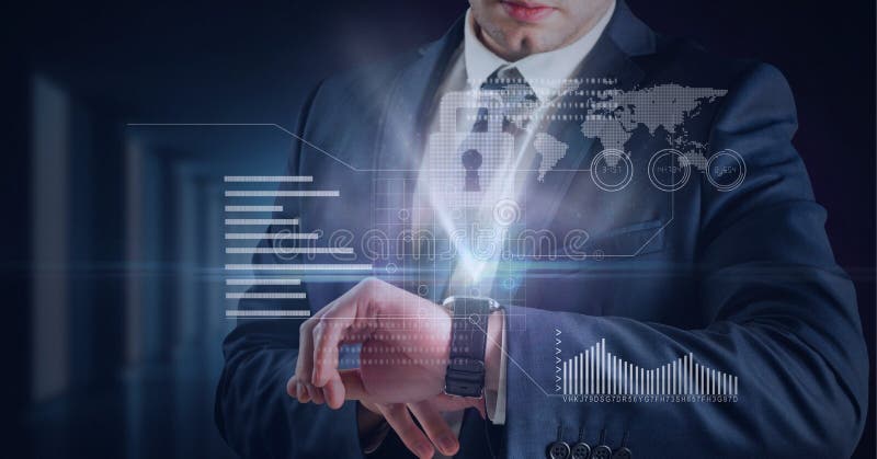 Composition of online security padlock icons and world map over businessman checking time. global online security, connection, technology and digital interface concept digitally generated image.