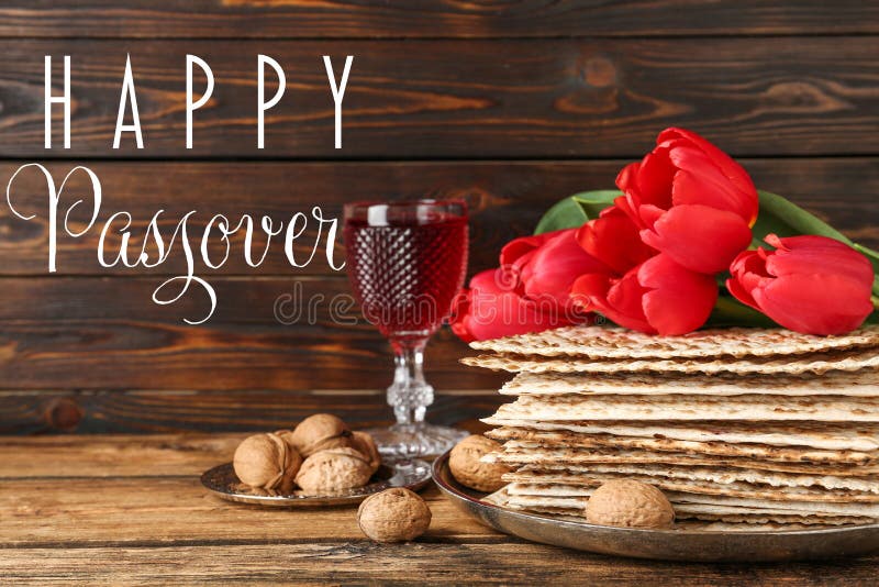 Composition with Passover matzos on table. Pesach celebration