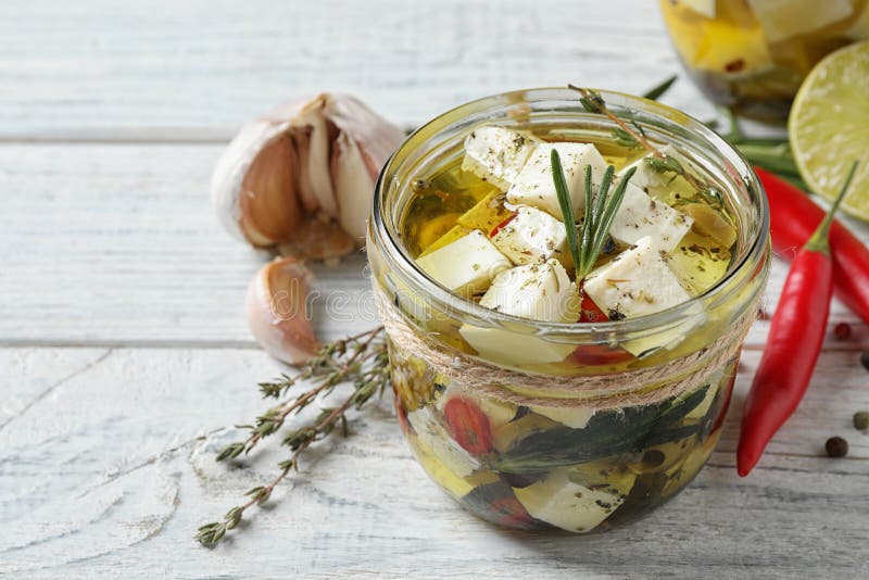 Composition with Pickled Feta Cheese in Jar on Wooden Table Stock Image Image of diet, greek