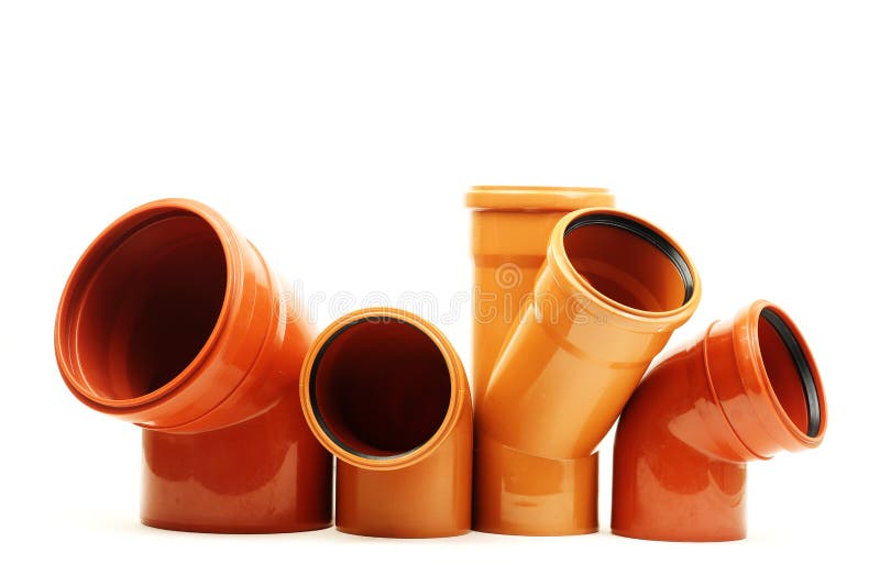Composition from Red Plastic Sewer Pipes, Isolated on White Stock Photo