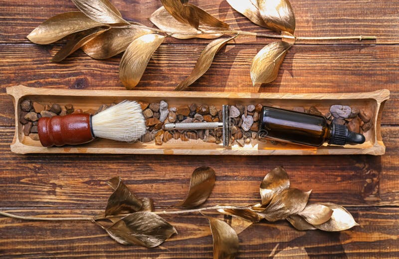 Composition with shaving accessories on wooden background, flat lay stock photography Composition with shaving accessories on wooden background, flat lay stock photography