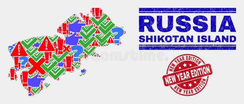 Composition of Shikotan Island Map Symbol Mosaic and Scratched New Year Edition Stamp Seal royalty free illustration Composition of Shikotan Island Map Symbol Mosaic and Scratched New Year Edition Stamp Seal royalty free illustration