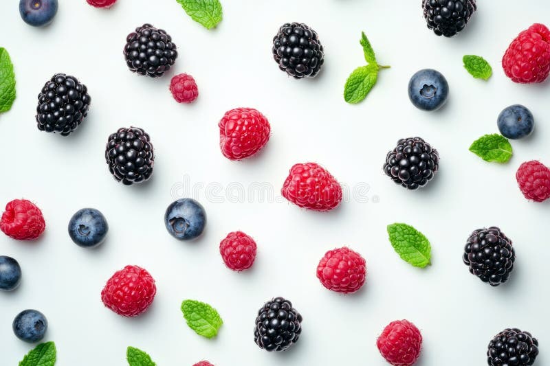 A vibrant scatter of fresh berries on a clean surface. This image shows blueberries, raspberries, and blackberries with royalty free stock photos