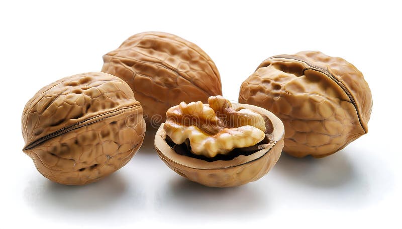 A close-up view of walnuts in various positions highlighting their textured shells and nutritional value. Generative AI royalty free stock photo