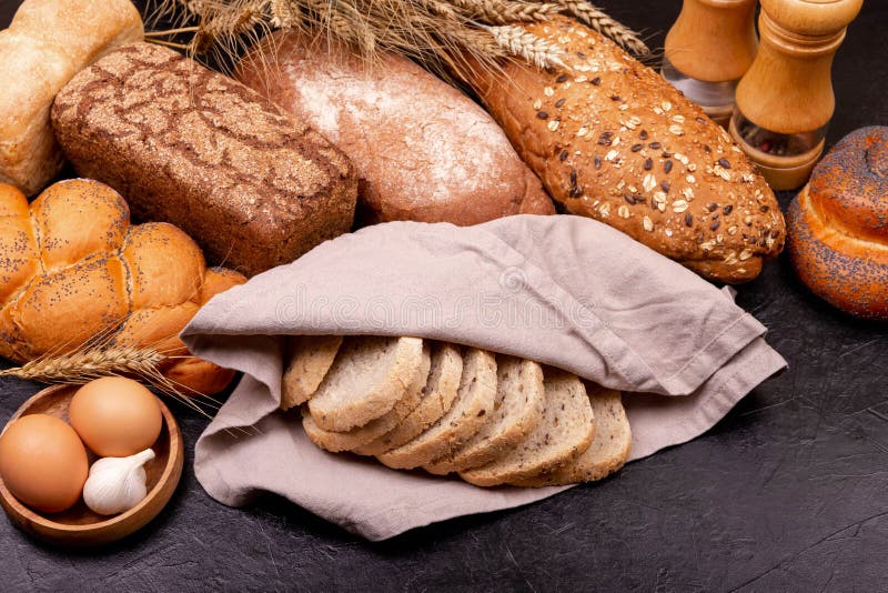 Composition with Sourdough Bread , Rolls and Ingredients for Baking. Stock Image Image of