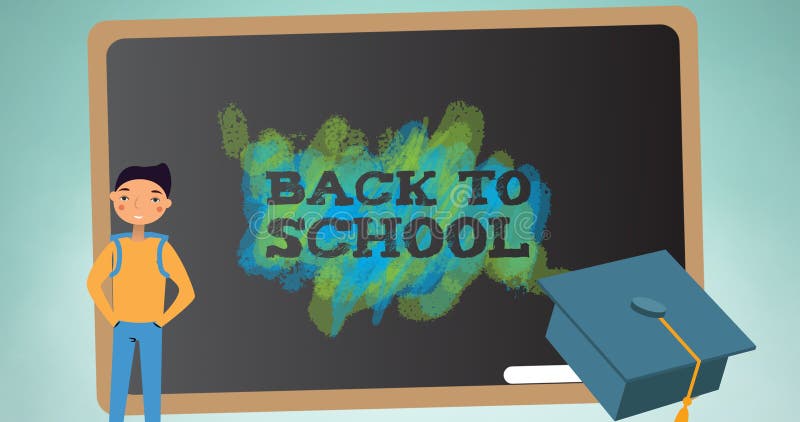 Composition of text back to school on chalkboard with cartoon schoolboy and mortarboard