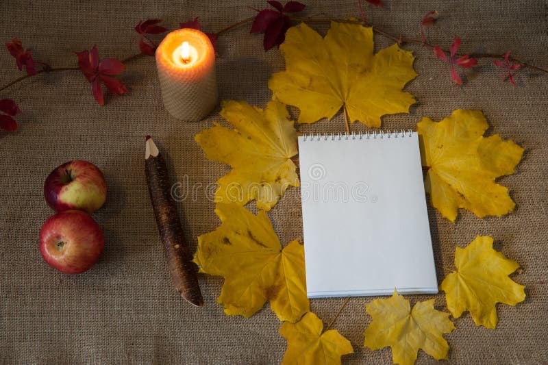 Notepad, red apples, candle, large pencil, autumn maple leaves and a branch of parthenocissus on a textile background. royalty free stock photos Notepad, red apples, candle, large pencil, autumn maple leaves and a branch of parthenocissus on a textile background. royalty free stock photos