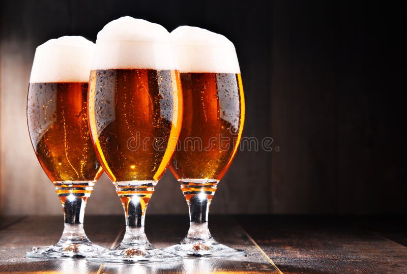 Composition with Three Glasses of Lager Beer Stock Image Image of