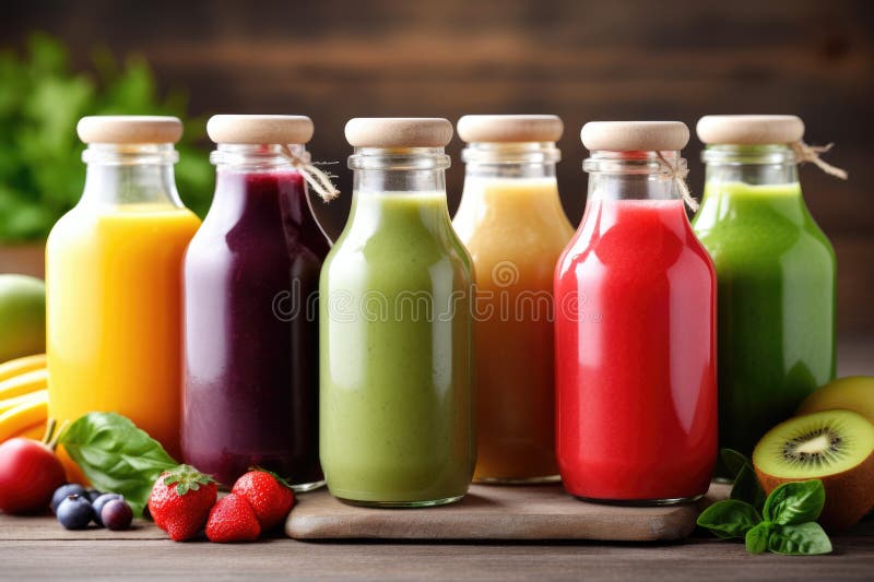Composition of a variety of fruit and vegetable smoothies in glass bottles on a table. blurred wooden background, Generative AI vector illustration