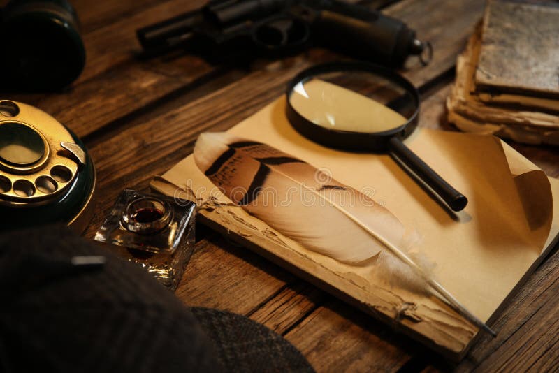 Composition with Vintage Detective Items on Table, Closeup Stock Image
