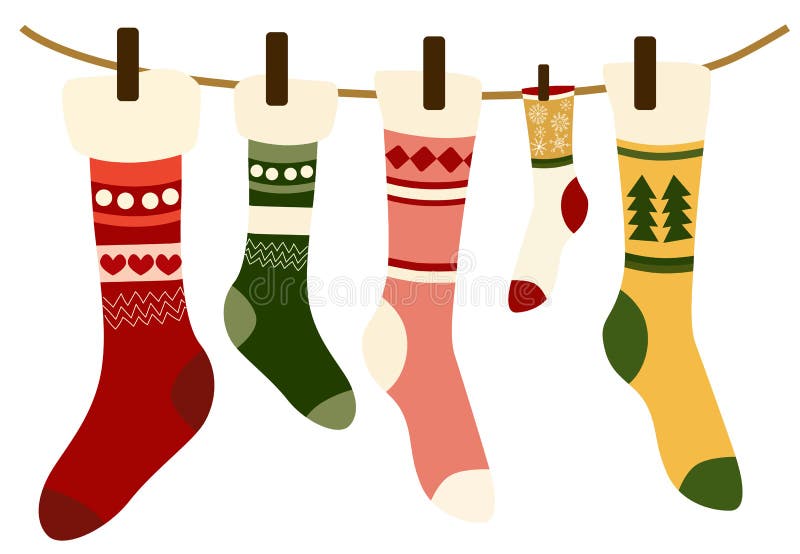 Composition of Woolen Christmas Themed Socks Hung with Clothespin on a ...