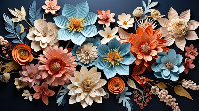 Compositions and multi-colored paper flowers. Wallpaper of a room for a girl. Wallpaper for a beauty salon. Abstract