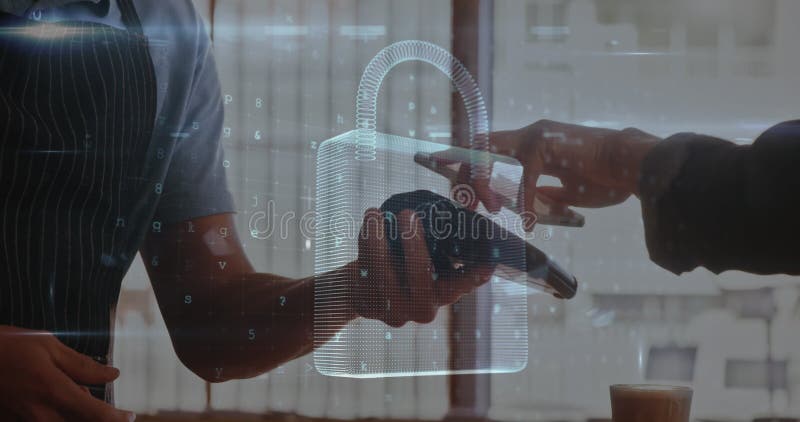 Composito digitale di un cassiere che scannerizza un telefono di un cliente e l'immagine di un lucchetto immagini stock