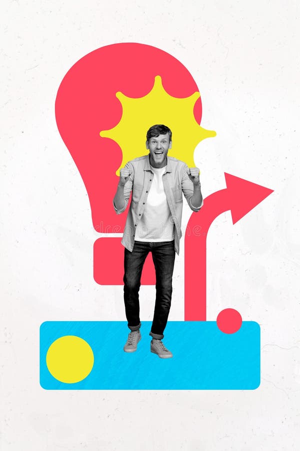 Compositor de imagen de dibujo de tendencia de imagen de empresario emocionado paro bombilla de luz progreso del plan de ícono ilustración del vector