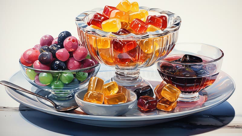 Composizione acquosa di un classico piatto di caramelle con un assortimento di dolciumi colorati illustrazione vettoriale