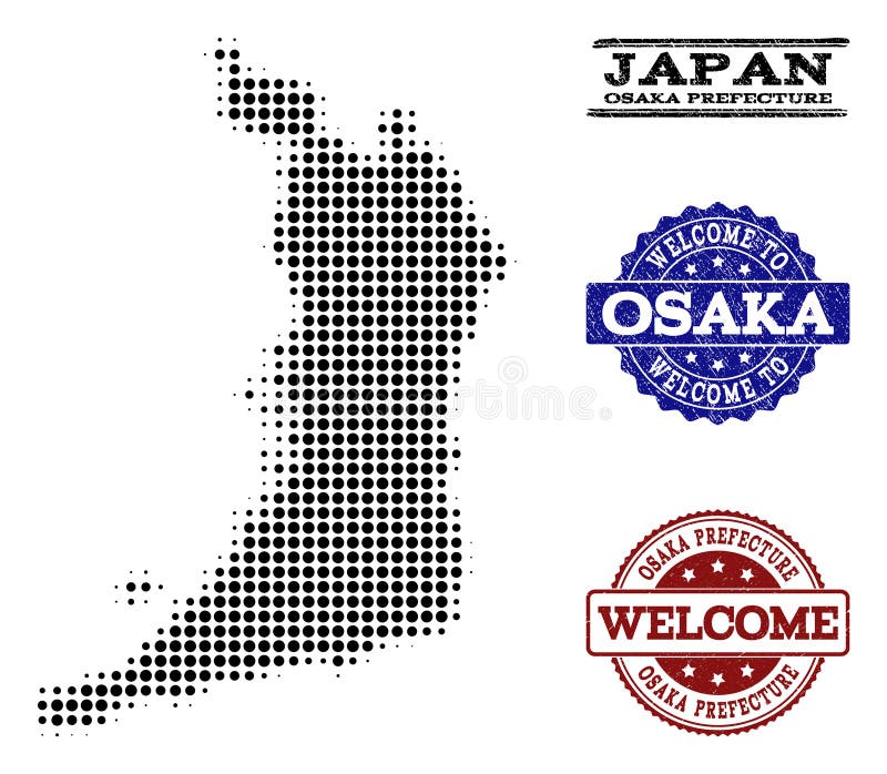 Composizione benvenuta della mappa di semitono dei bolli di lerciume e di Osaka Prefecture royalty illustrazione gratis Composizione benvenuta della mappa di semitono dei bolli di lerciume e di Osaka Prefecture royalty illustrazione gratis