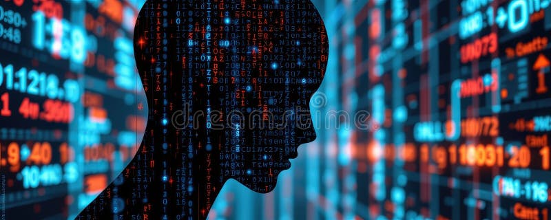 Composizione creativa del codice binario che sta piovendo sulla silhouette della testina ai in ambiente digitale royalty illustrazione gratis