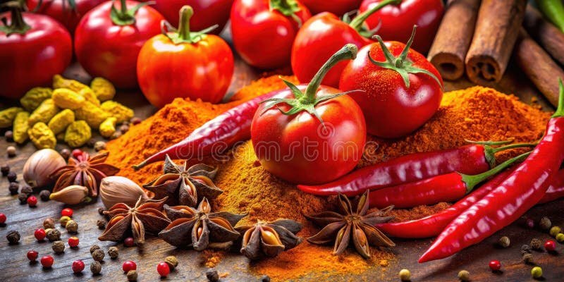 Composizione culinaria aromatica con pomodori rossi maturi e peperoni vibranti anice stellato e spezie surriscaldate assortite illustrazione di stock