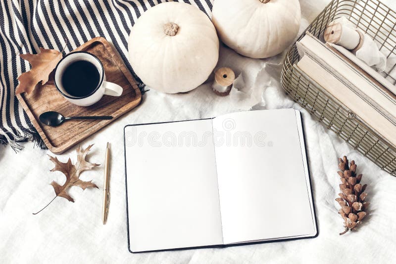 Composizione nella prima colazione di autunno a letto. Blocco note aperto vuoto, schermatura diario. Caffè, zucche bianche, lastr immagini stock